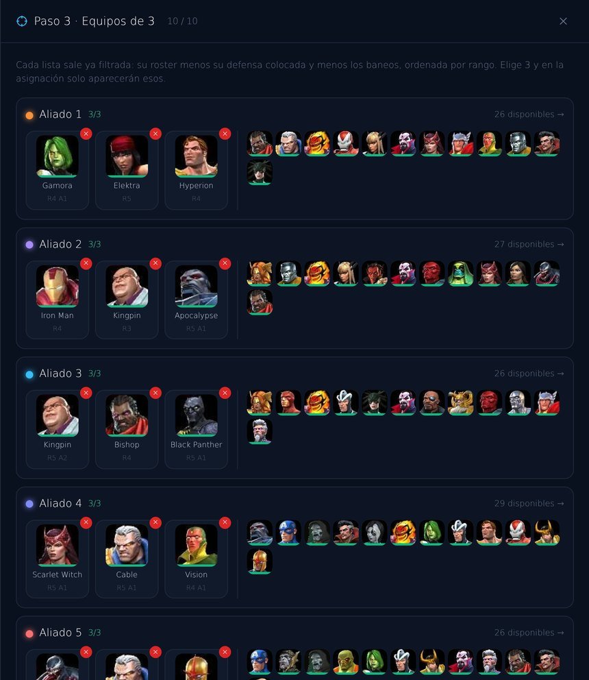 Panel de equipos, con los tres campeones de cada aliado